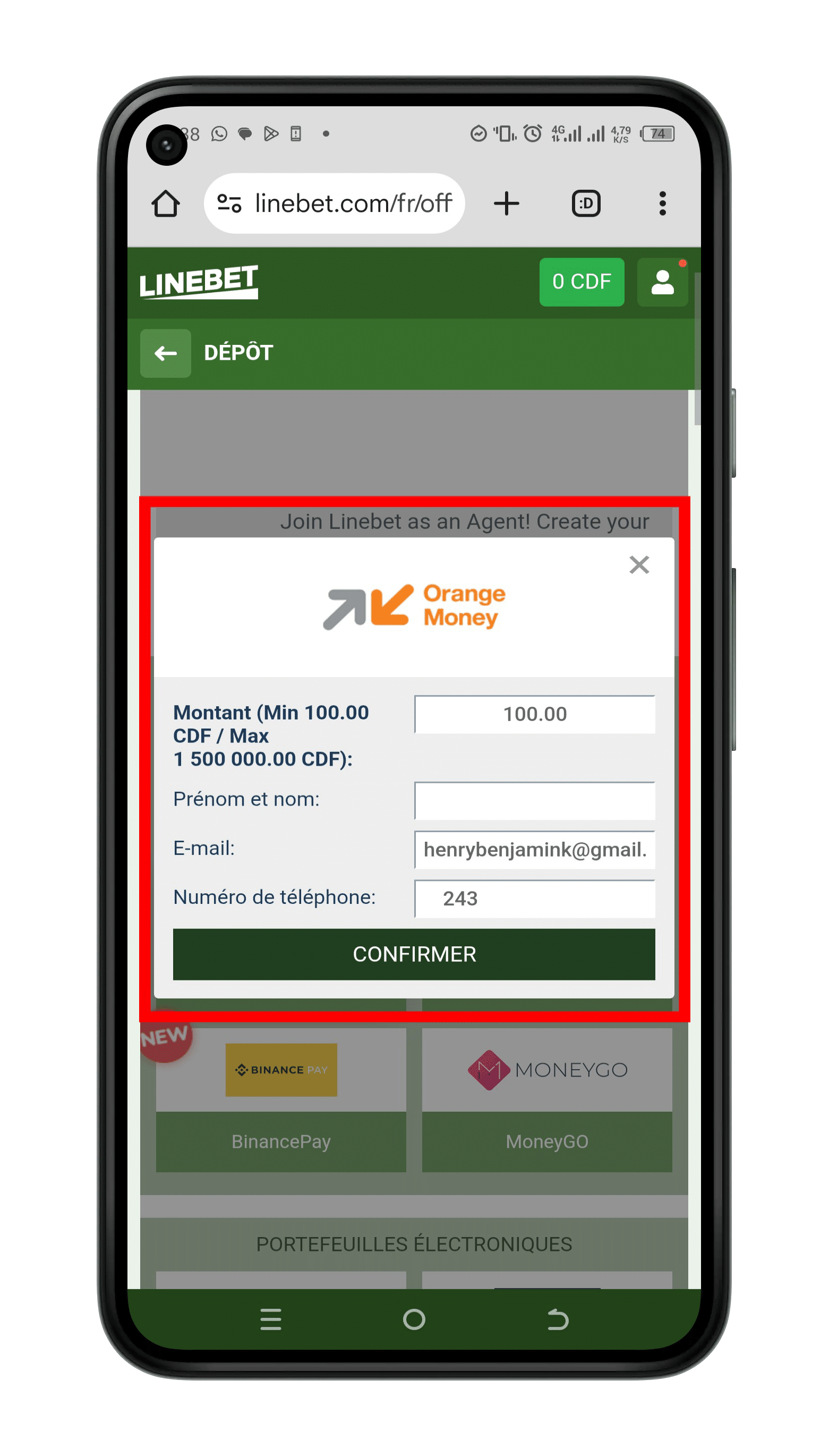 Saisir le montant à payer