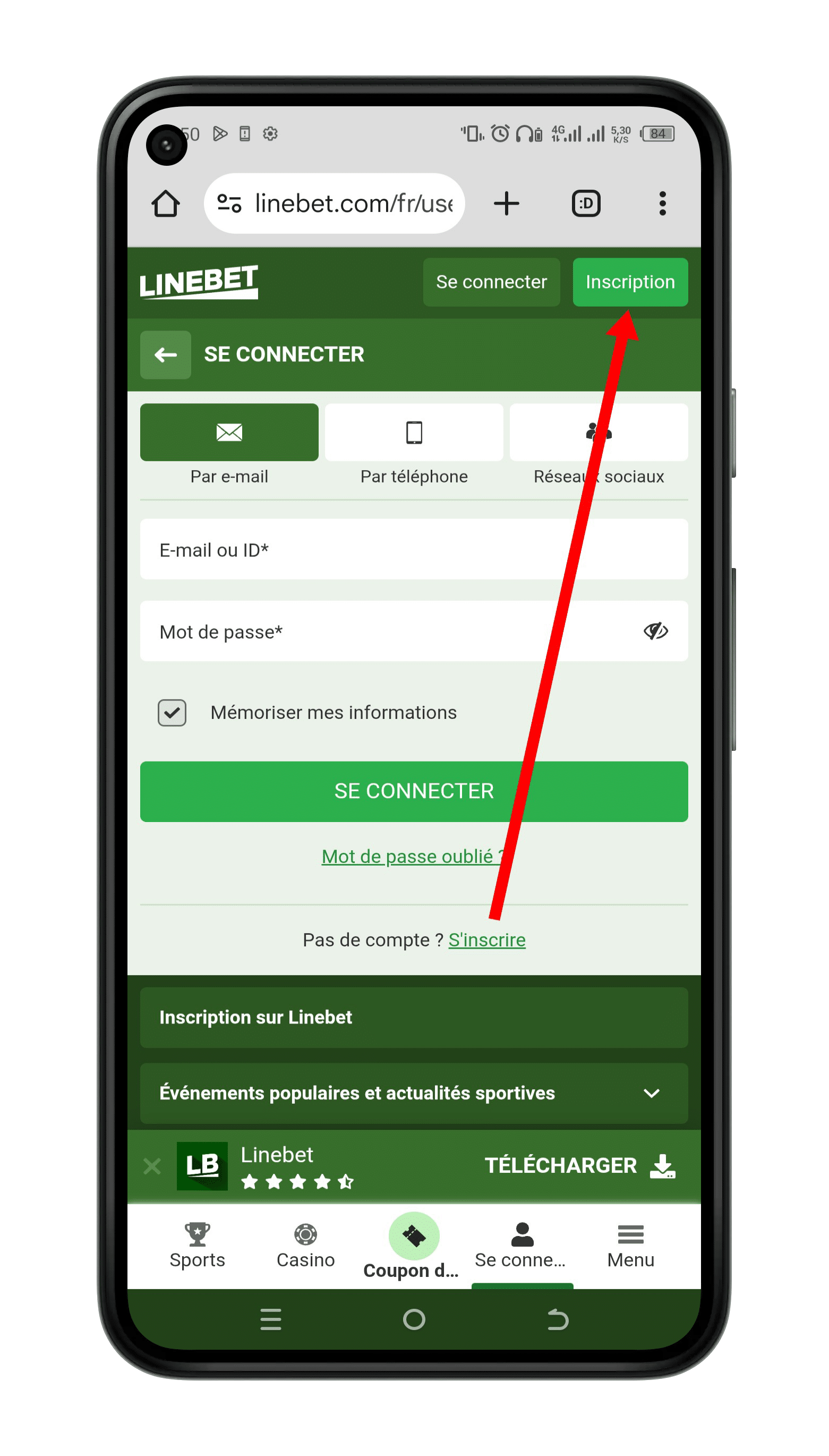 2. Cliquer sur le bouton "Inscription"