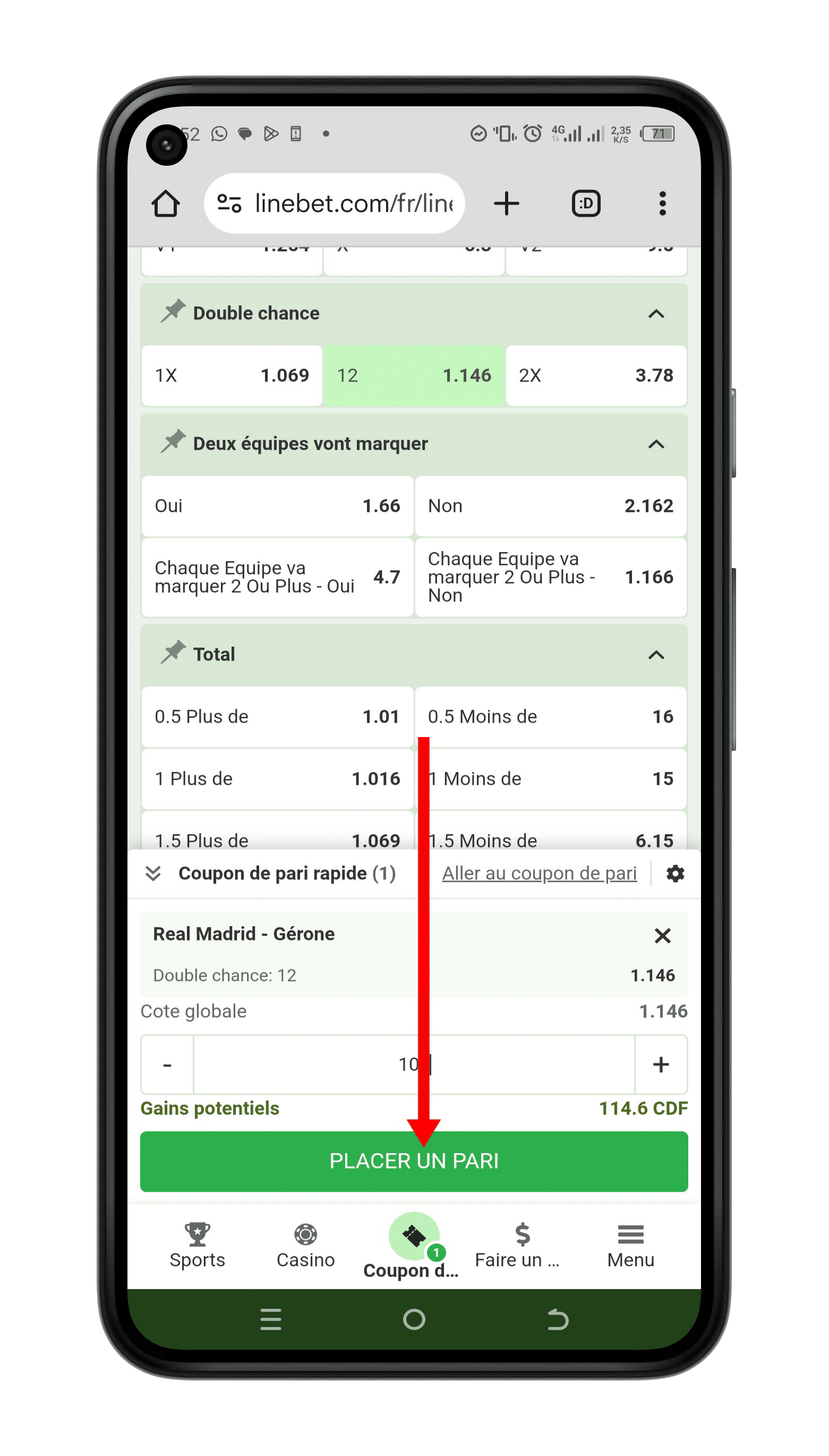 Ajouter le pari au ticket et valider