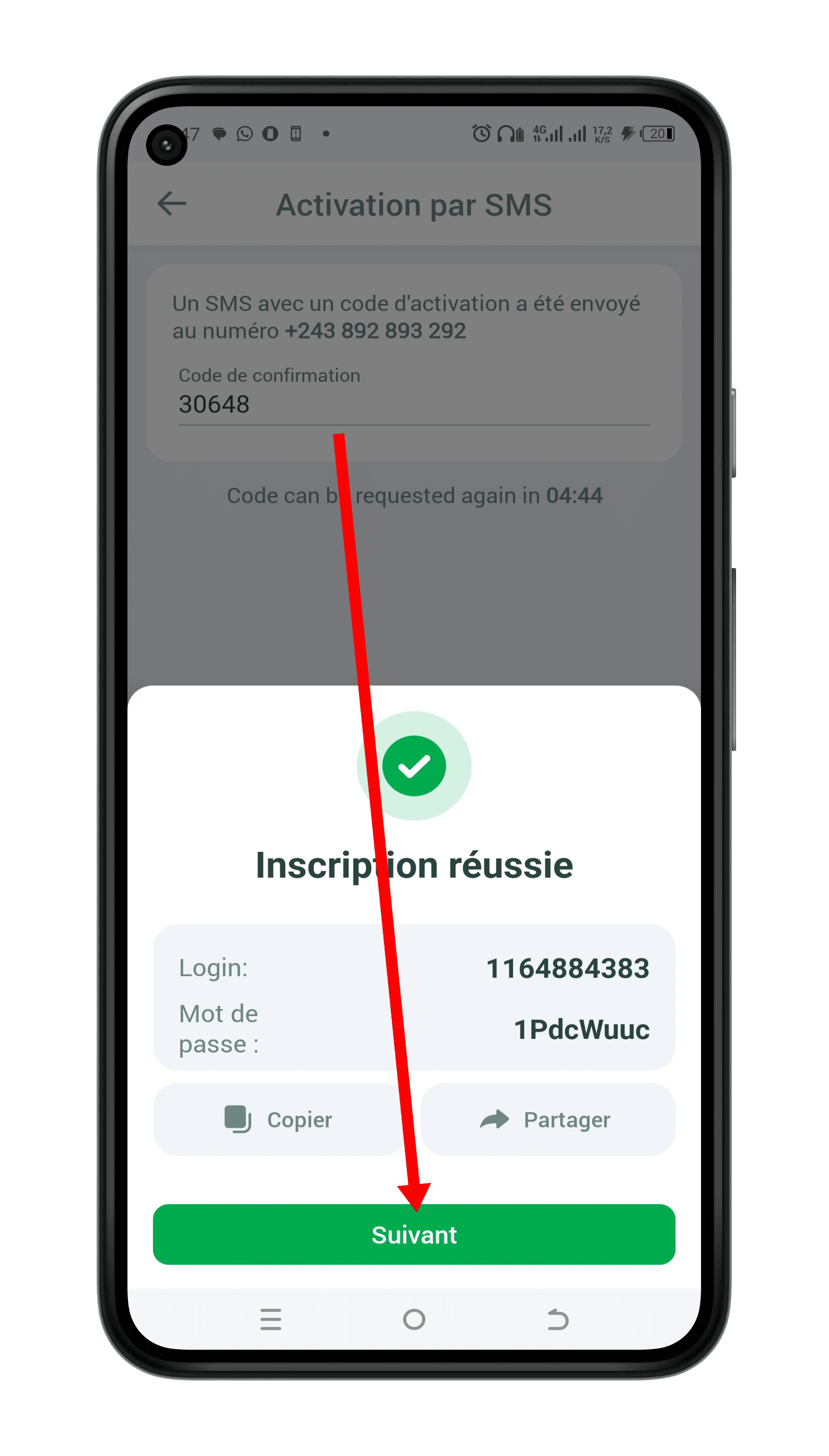 Cliquer sur " Suivant" pour Finaliser votre Inscription
