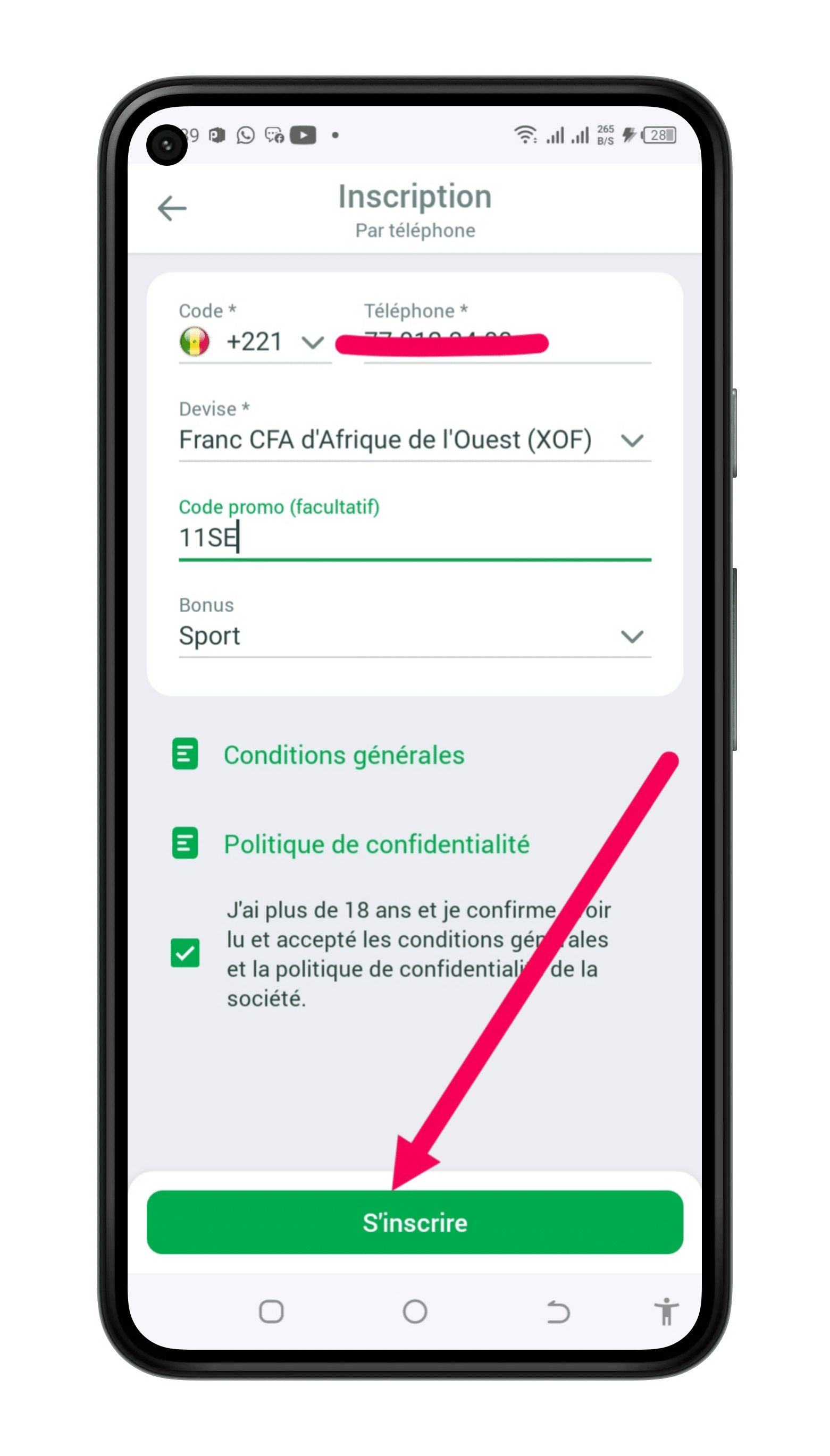Cliquez sur s'inscrire